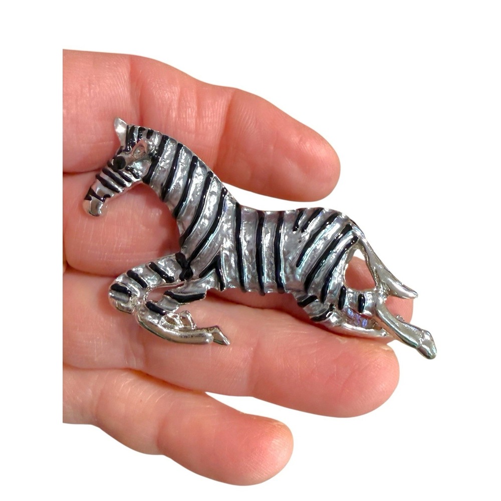 Vtg Zebra 2.5" Brooch Pin Galloping/Mid Stride Silver Tone Black Enamel Stripes